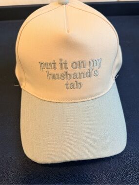 Beige Embroidered Baseball Cap - "put it on my husband's tab"